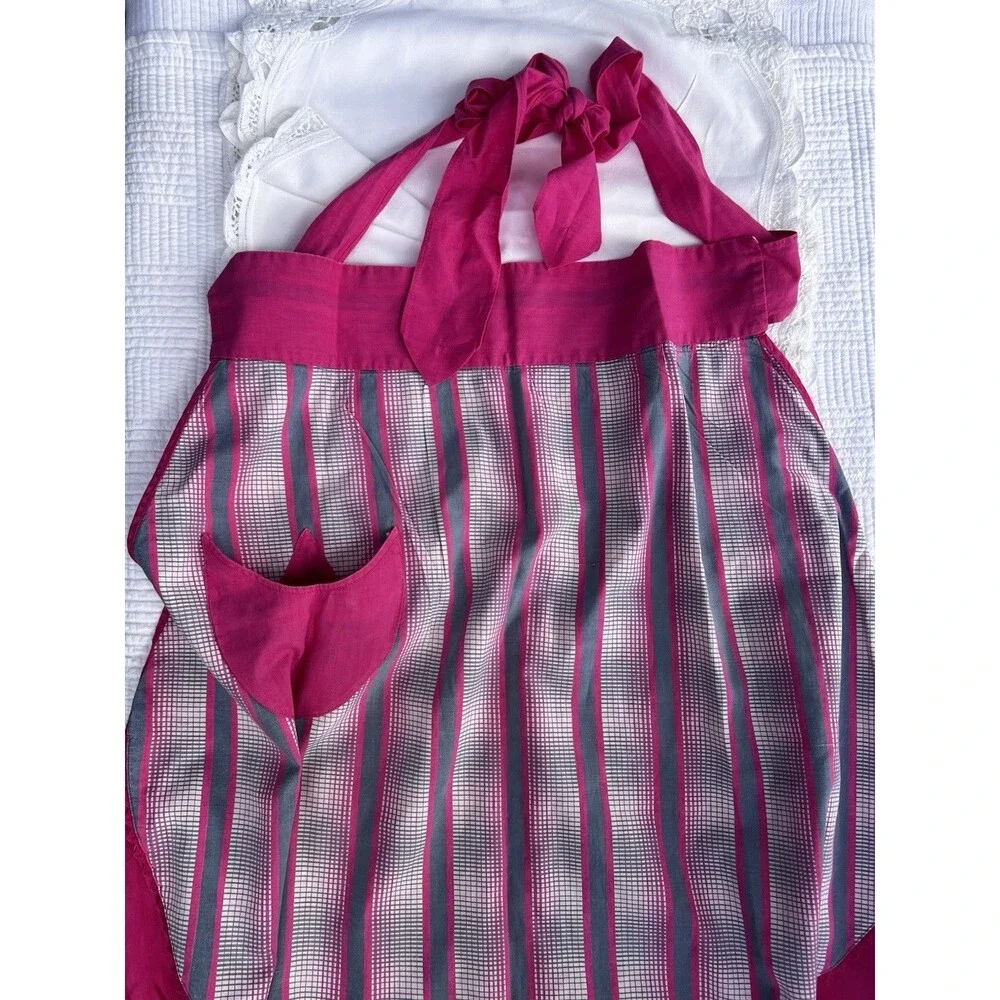1960s Handmade Reversible Hostess Apron Pink Heart Pocket Tulip Retro Vintage